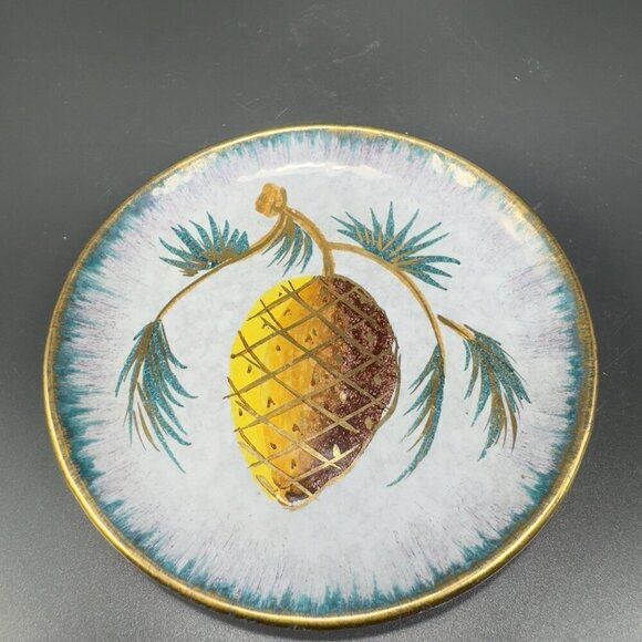 Vintage Italian Pottery 5inch Round Dish Plate With Pine Tree Acorn Italy VTG - Picture 10 of 11